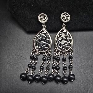 Celebrity Silver Tone Filigree Black Beaded Earrings Clip On Dangle Drop